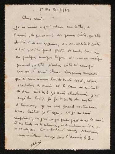 Lettre de Marcel Viguier à Louisa Paulin, le 1er janvier 1943