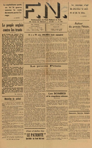 F.N. : hebdomadaire du Front national du Tarn, n°49, 4 août 1945