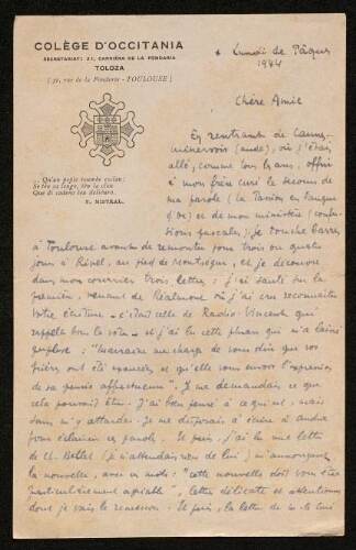 Lettre de Joseph Salvat à Louisa Paulin, le 10 avril 1944