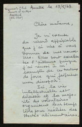 Lettre de Gaston Puel à Louisa Paulin, le 19 mai 1943