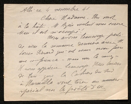 Lettre de Lilian Doire à Louisa Paulin, le 4 novembre 1941
