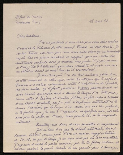 Lettre d'André Varagnac à Louisa Paulin, le 28 avril 1942