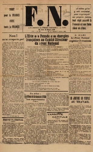 F.N. : hebdomadaire du Front national du Tarn, n°6, 7 octobre 1944