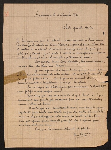 Lettre de René Rouquier à Louisa Paulin, le 3 décembre 1941