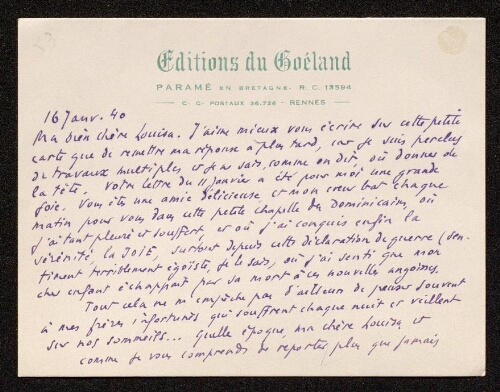 Lettre de Théophile Briant à Louisa Paulin, le 16 janvier 1940