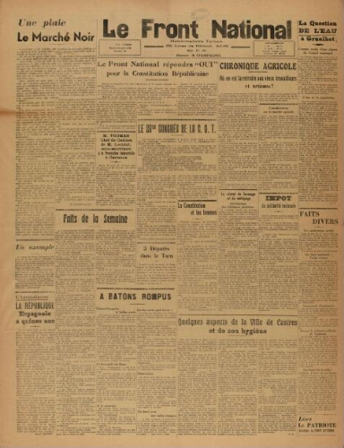F.N. : hebdomadaire du Front national du Tarn, n°86, 20 avril 1946