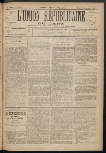 Union républicaine du Tarn (L’), 15 septembre 1881