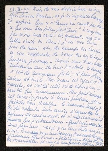 Lettre de Pascale Olivier à Louisa Paulin, le 13 octobre 1942