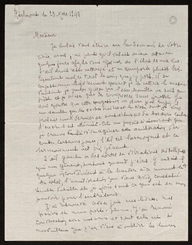 Lettre de Louisa Paulin au Dr Carlet-Soulages, le 23 mars 1942