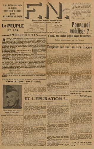 F.N. : hebdomadaire du Front national du Tarn, n°27, 3 mars 1945
