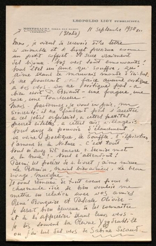 Lettre de Leopoldo Lioy à Louisa Paulin, le 11 septembre 1938
