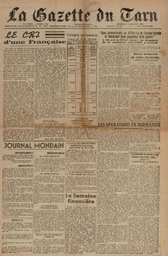 Gazette du Tarn : organe populaire de la défense sociale et des libertés publiques (La), n°2292, 9 juillet 1944