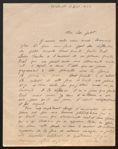 Lettre de Louisa Paulin à René Rouquier, le 12 avril 1943