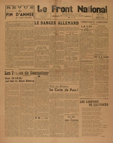 F.N. : hebdomadaire du Front national du Tarn, n°70, 29 décembre 1945
