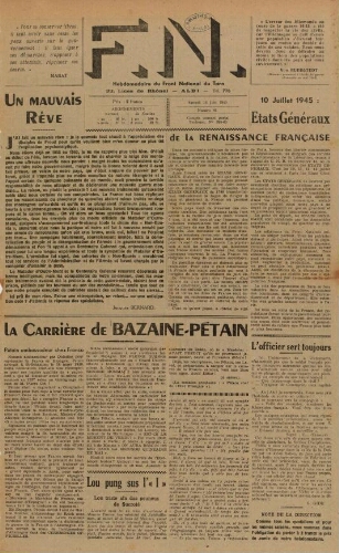 F.N. : hebdomadaire du Front national du Tarn, n°41, 16 juin 1945