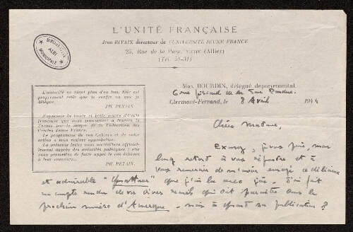 Lettre de Max Bourdin à Louisa Paulin, le 8 avril 1944
