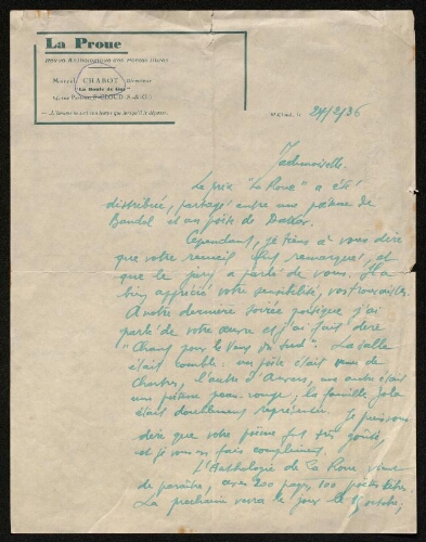 Lettre de Marcel Chabot (revue La Proue) à Louisa Paulin, le 27 février 1936