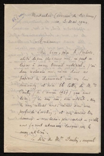 Lettre de M. Cézerac à Charles Bellet, le 3 mai 1944
