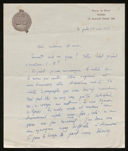 Lettre de Charles Bellet à Louisa Paulin, le 27 mai 1943