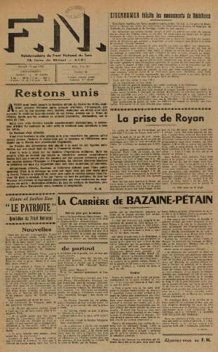 F.N. : hebdomadaire du Front national du Tarn, n°38, 19 mai 1945