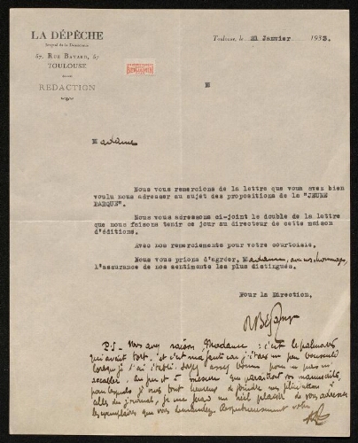 Lettre de La Dépêche à Louisa Paulin, le 21 janvier 1933