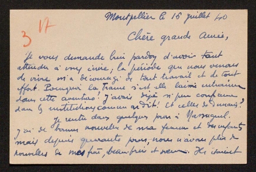 Lettre de René Rouquier à Louisa Paulin, le 16 juillet 1940