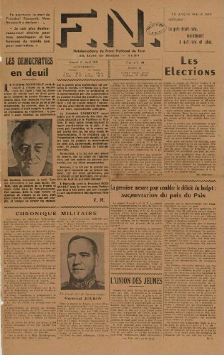 F.N. : hebdomadaire du Front national du Tarn, n°34, 21 avril 1945
