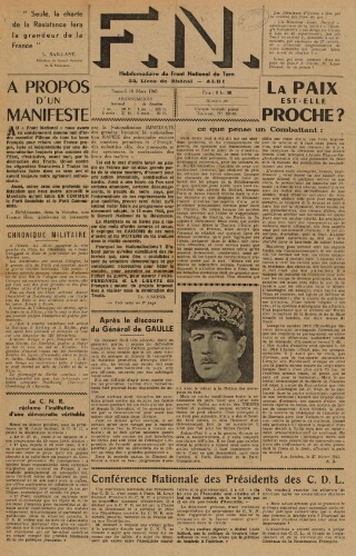 F.N. : hebdomadaire du Front national du Tarn, n°28, 10 mars 1945