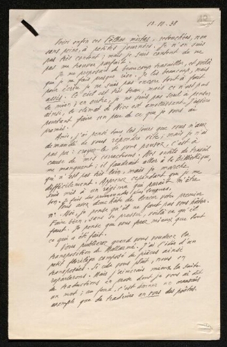 Lettre d'Antonin Perbosc à Louisa Paulin, le 13 octobre 1938