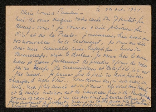 Lettre de Pascale Olivier à Louisa Paulin, le 1er octobre 1941