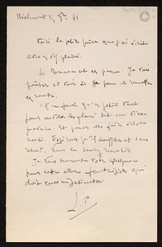 Lettre de Louisa Paulin à Charles Bellet, le 15 octobre 1941