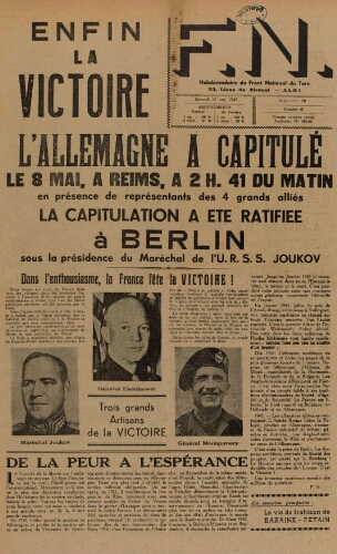 F.N. : hebdomadaire du Front national du Tarn, n°37, 12 mai 1945