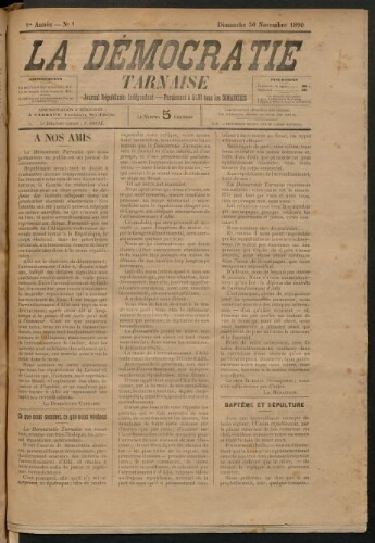 Démocratie tarnaise (La), 30 novembre 1890