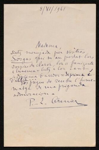 Lettre de Paul-Louis Grenier à Louisa Paulin, le 8 juin 1941