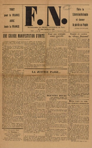 F.N. : hebdomadaire du Front national du Tarn, n°2, 9 septembre 1944