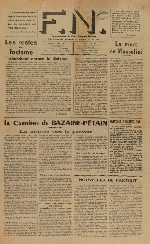 F.N. : hebdomadaire du Front national du Tarn, n°39, 26 mai 1945