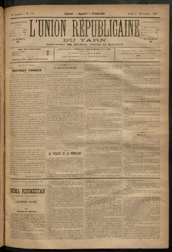 Union républicaine du Tarn (L’), 1 décembre 1887
